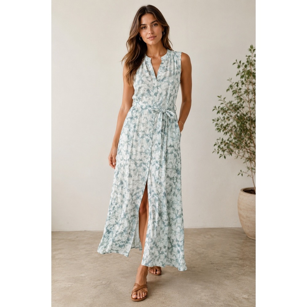 Cloth & Stone Sleeveless‎ Maxi Dress Sage Green Quiet Luxury Tie Waist Size S